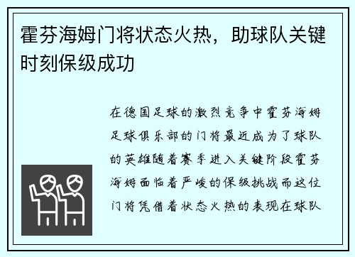 霍芬海姆门将状态火热，助球队关键时刻保级成功