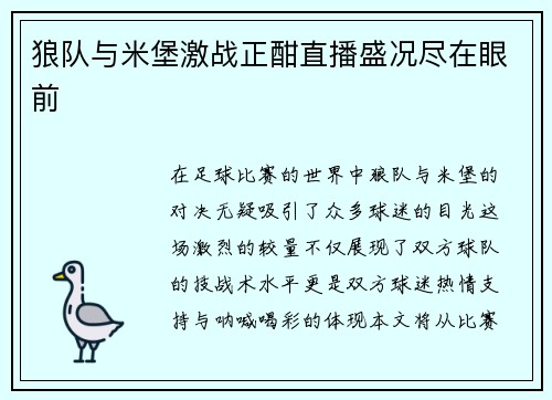 狼队与米堡激战正酣直播盛况尽在眼前