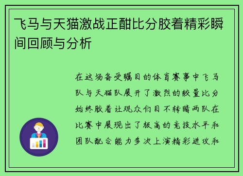 飞马与天猫激战正酣比分胶着精彩瞬间回顾与分析